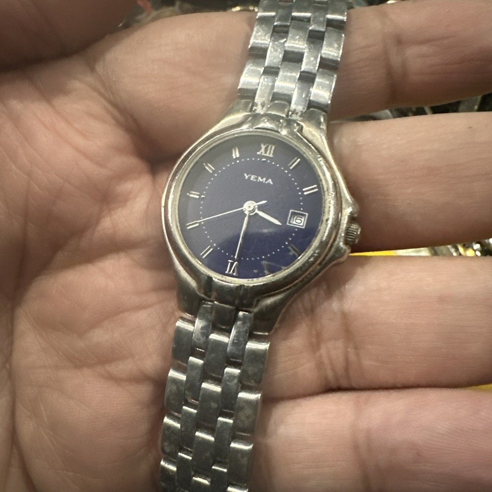 Working Vintage Yema Quartz Ladies Watch Blue Sunburst Dial Date YE740 27mm 7in"